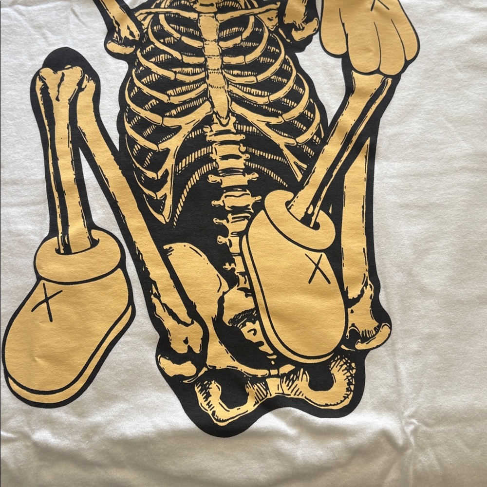 KAWS skeleton new fiction bone White Tee Tan Black Skeleton Character new XL - Picture 3 of 11